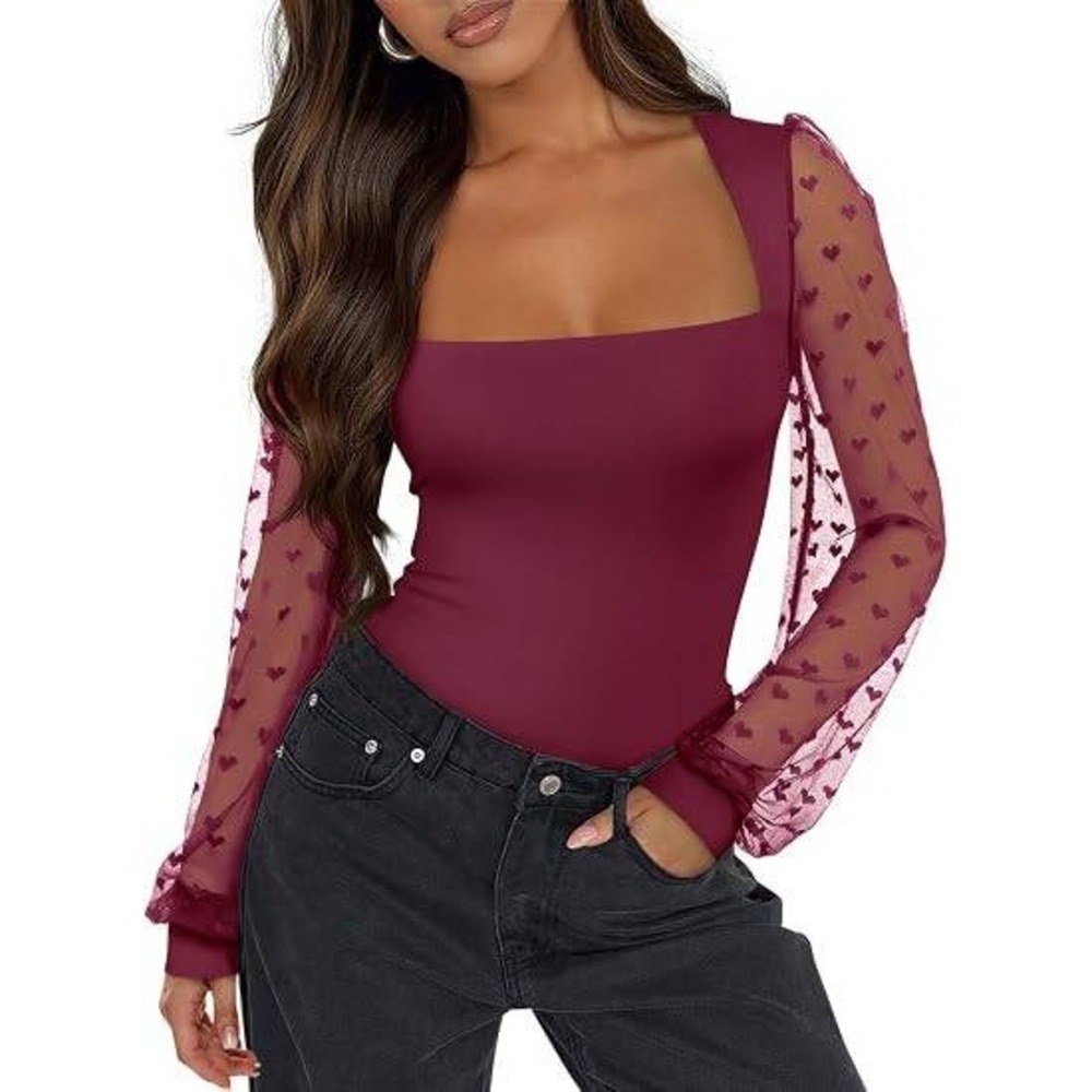 MSRP $19 PINKMSTYLE Women L Wine Red Square Neck Bodysuits Tops Double Lined